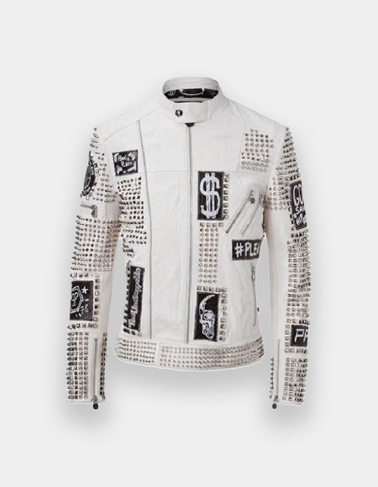 Men's White Full Studded Embroidery Patches Leather Jacket, Biker-Jacke mit Nieten
